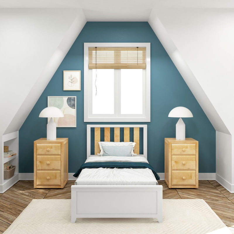 Attic bedroom with teal accent wall, white wooden bed frame, natural wood nightstands, white table lamps and window with bamboo blinds