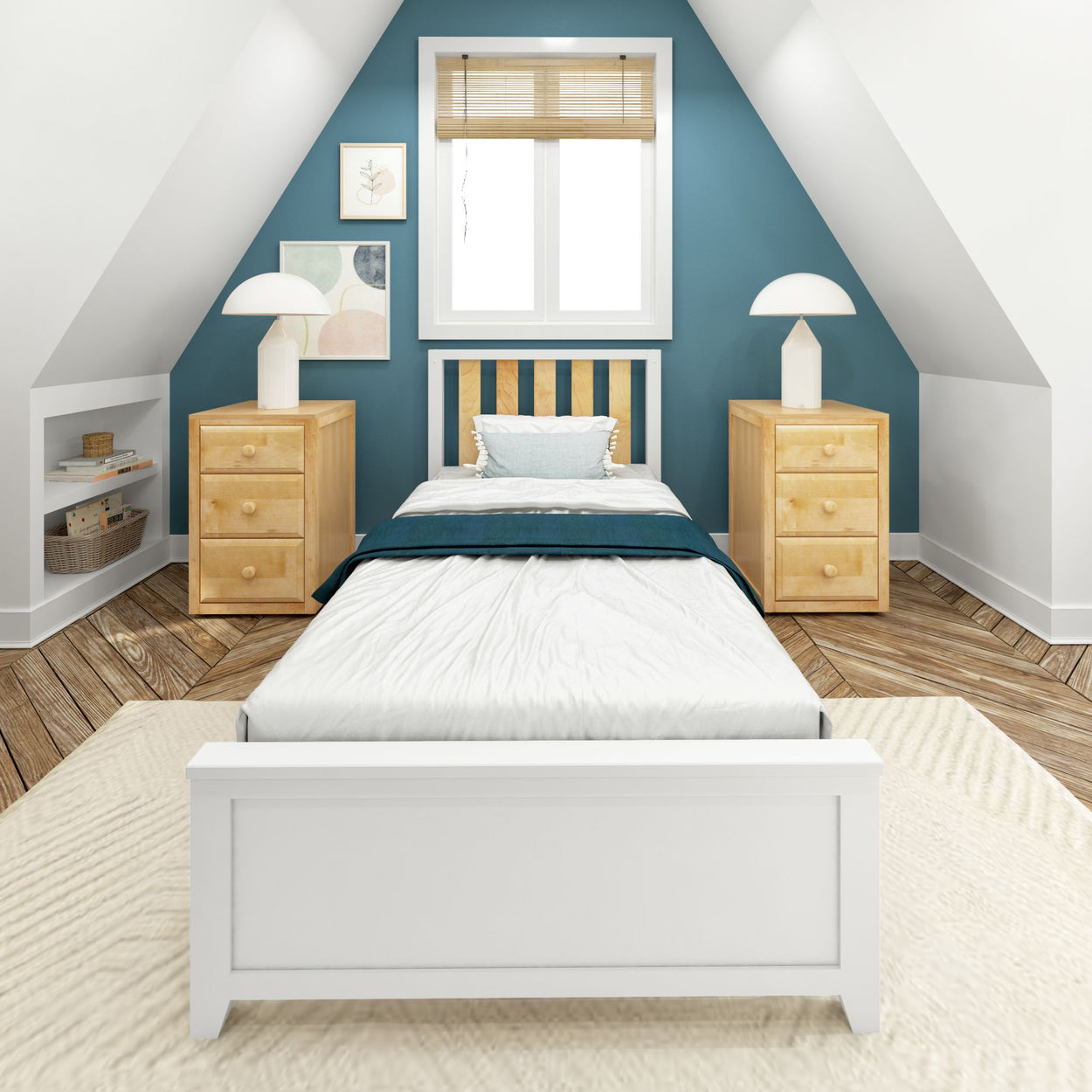 Cozy modern attic bedroom with teal accent wall, wooden furniture, and natural lighting.