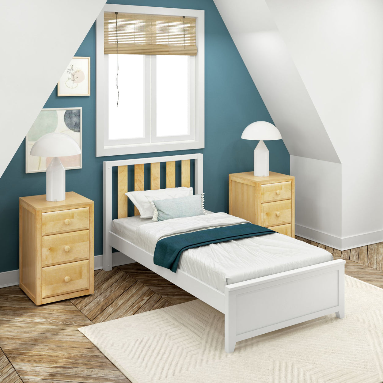 Modern attic bedroom with white single bed, wooden side tables, blue accent wall, and decorative art.