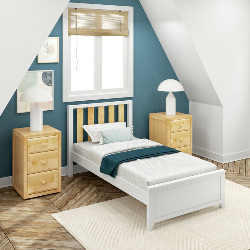 Modern attic bedroom with white single bed, teal accent wall, natural wood nightstands, white dome lamps and window blinds