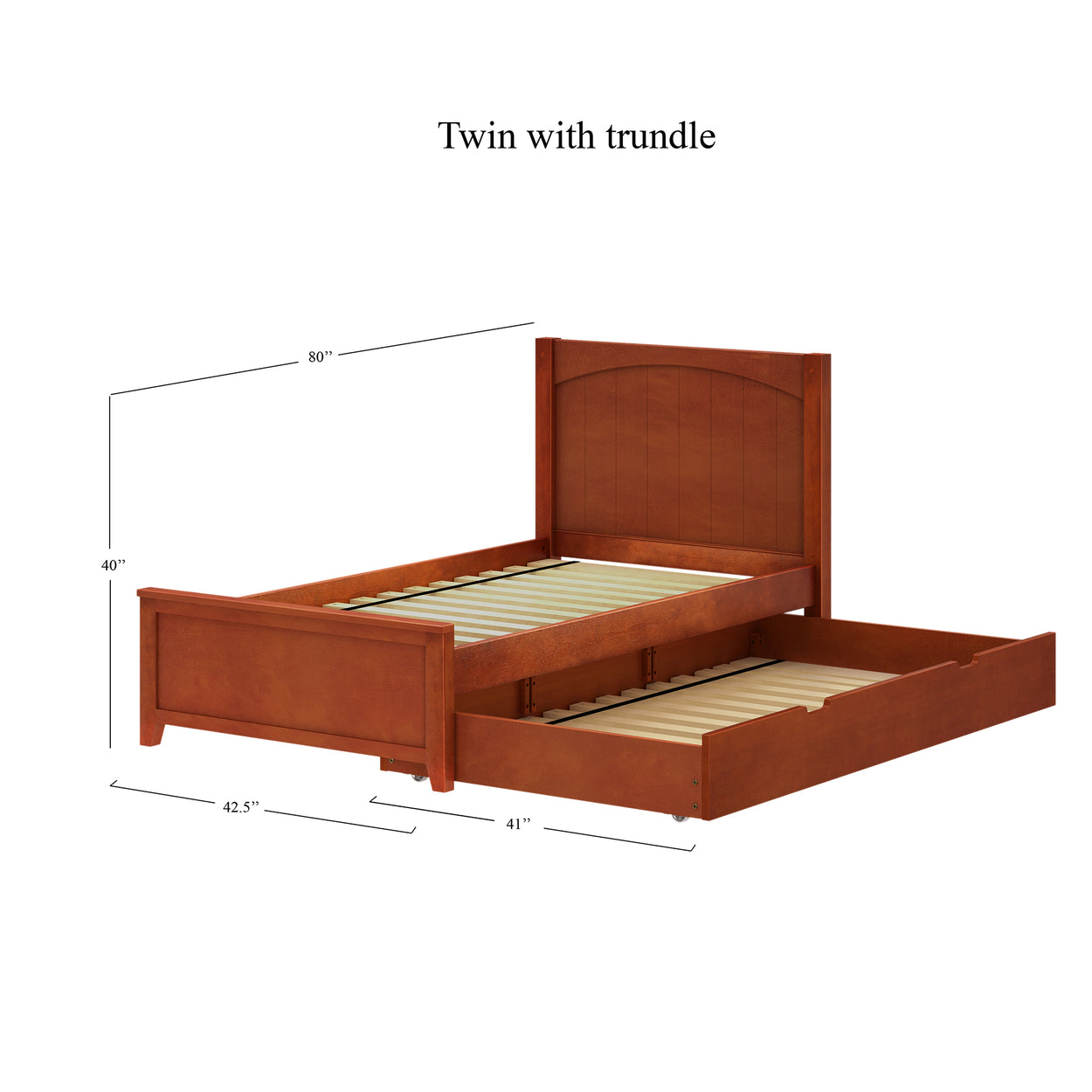 Twin bed with trundle featuring wooden frame and dimensions for space-efficient bedroom furniture setup.