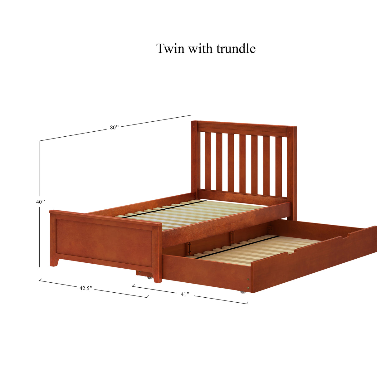 Twin size wooden bed with trundle showing dimensions for space-saving bedroom furniture.