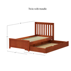Twin size wooden bed with trundle showing dimensions for space-saving bedroom furniture.