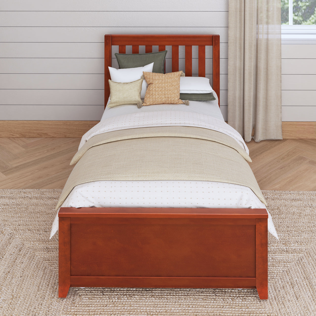 Wooden bed with white and beige bedding, surrounded by neutral decor in a modern bedroom.