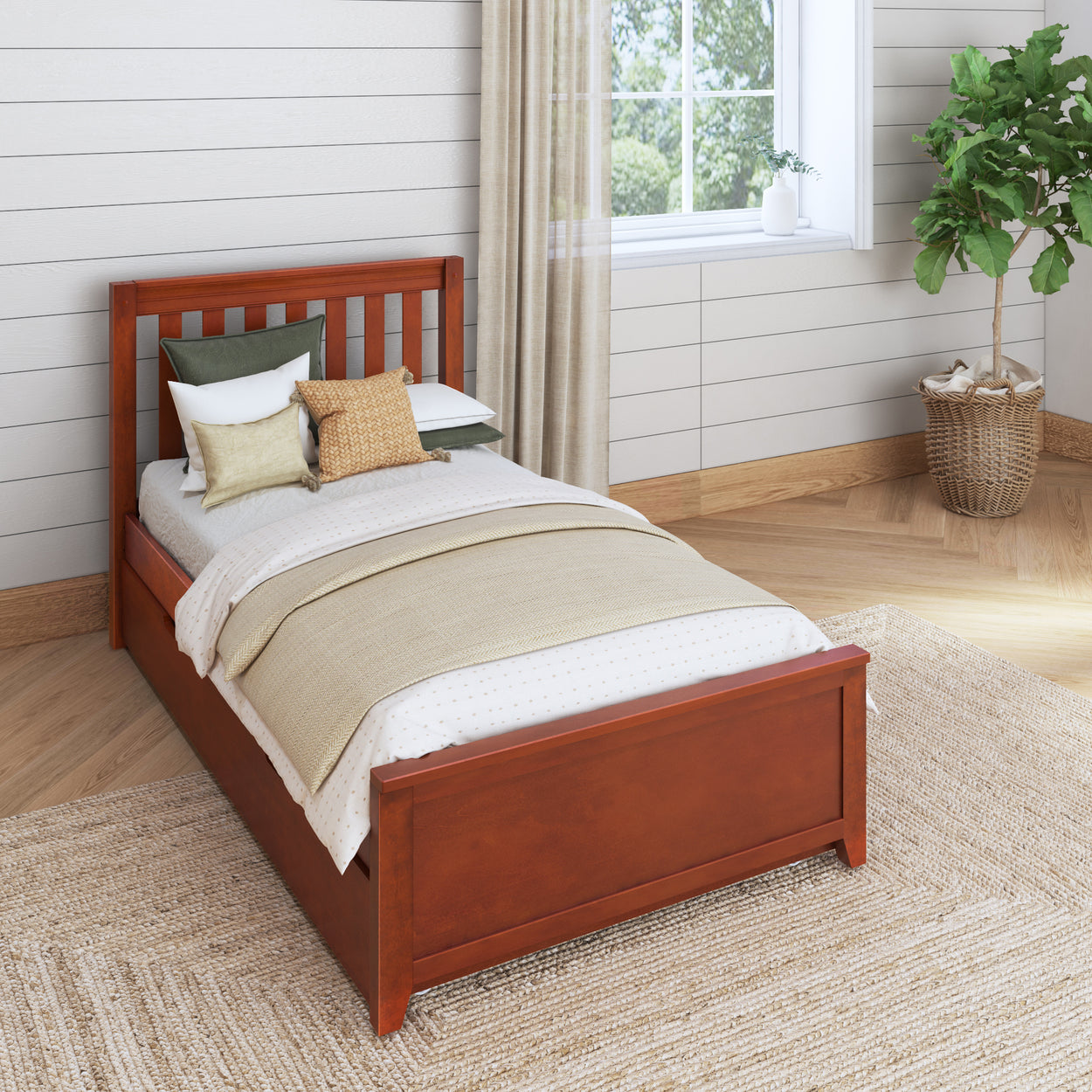 Single wooden bed with slatted headboard, beige bedding, and decorative pillows in a cozy, light-filled bedroom.