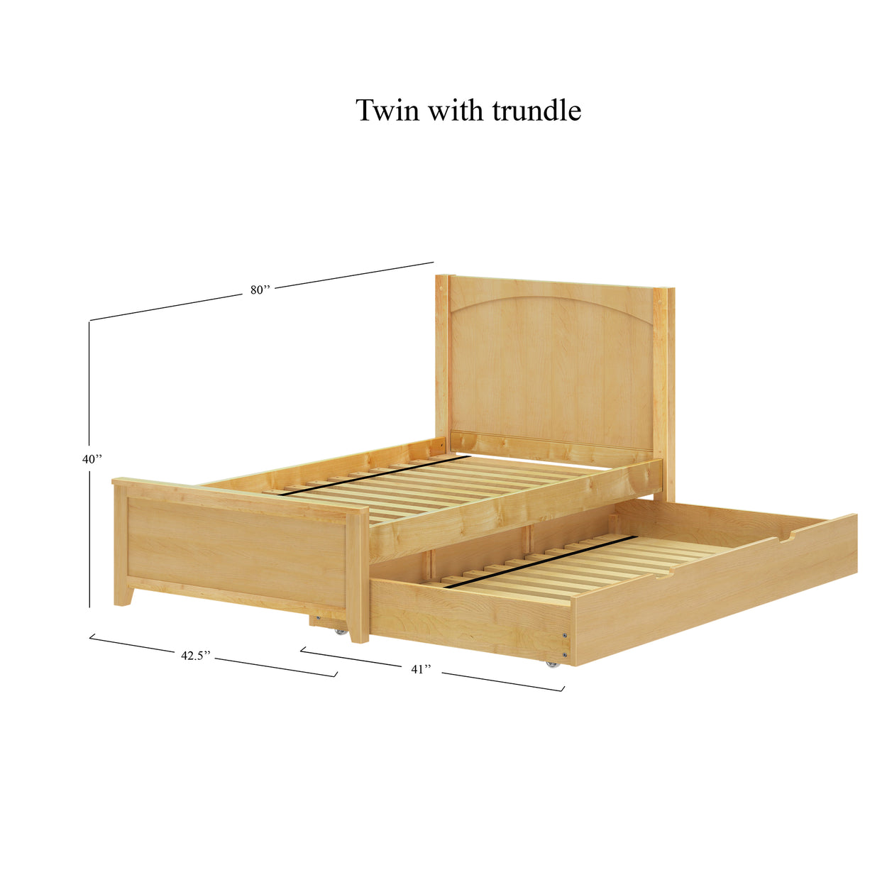 Twin bed with trundle dimensions and design in light wood finish.
