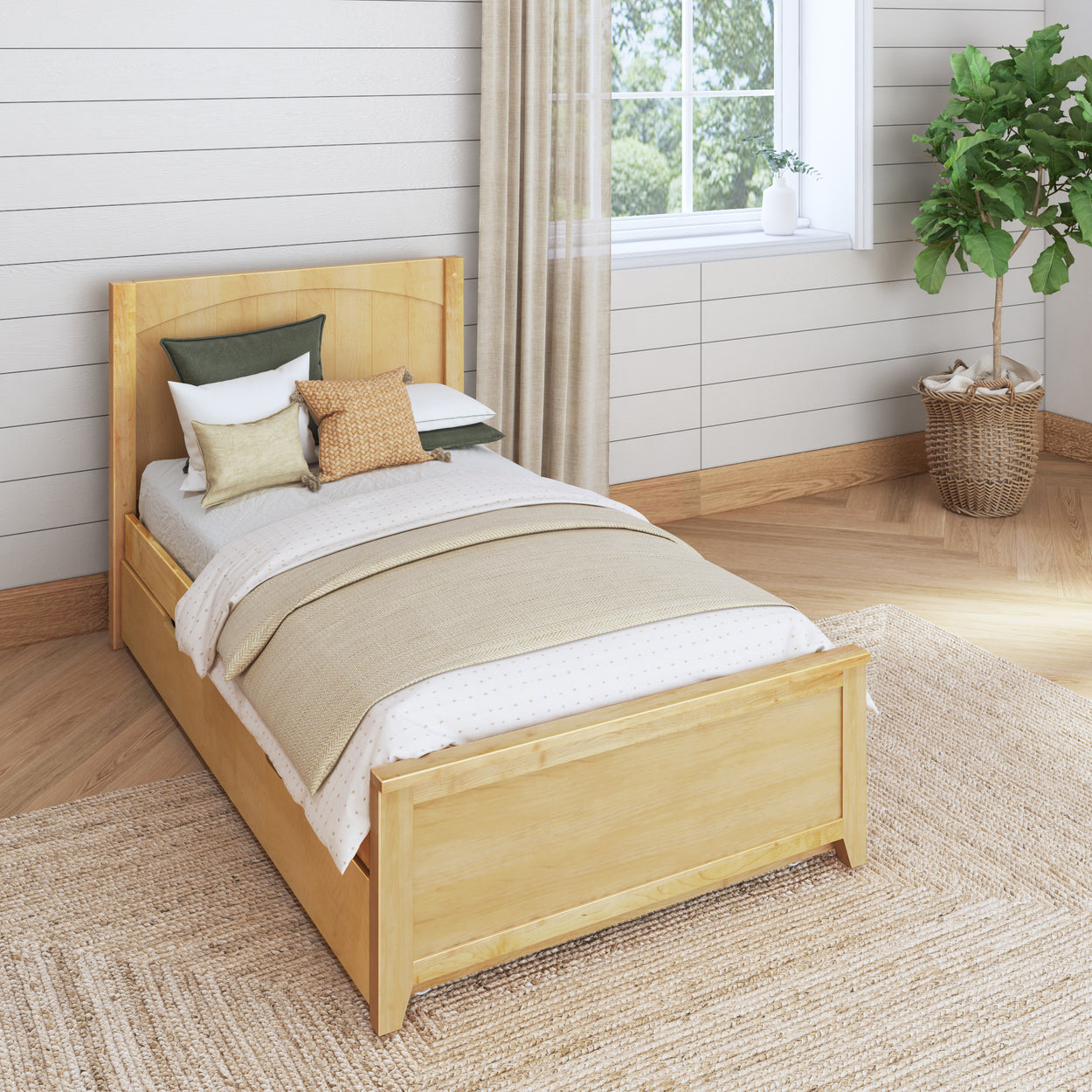 Single wooden bed with beige bedding and decorative pillows in a cozy bedroom setting with natural light.