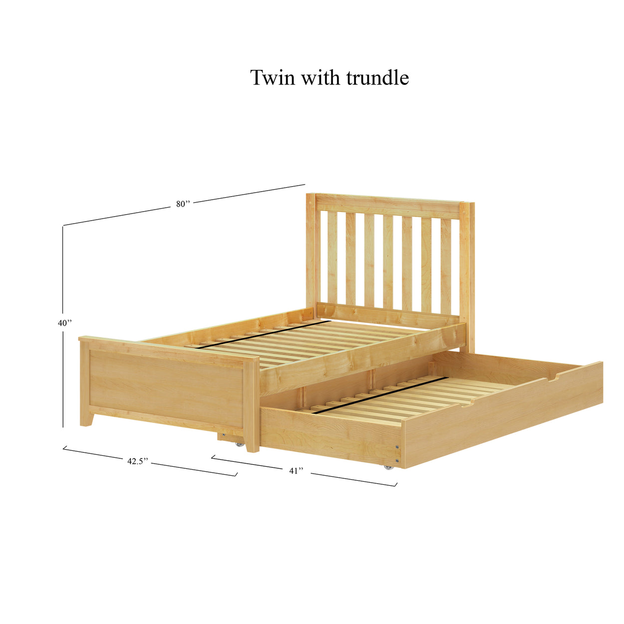 Twin wooden bed with trundle, dimensions 80" x 42.5" x 40", featuring a pull-out storage option.