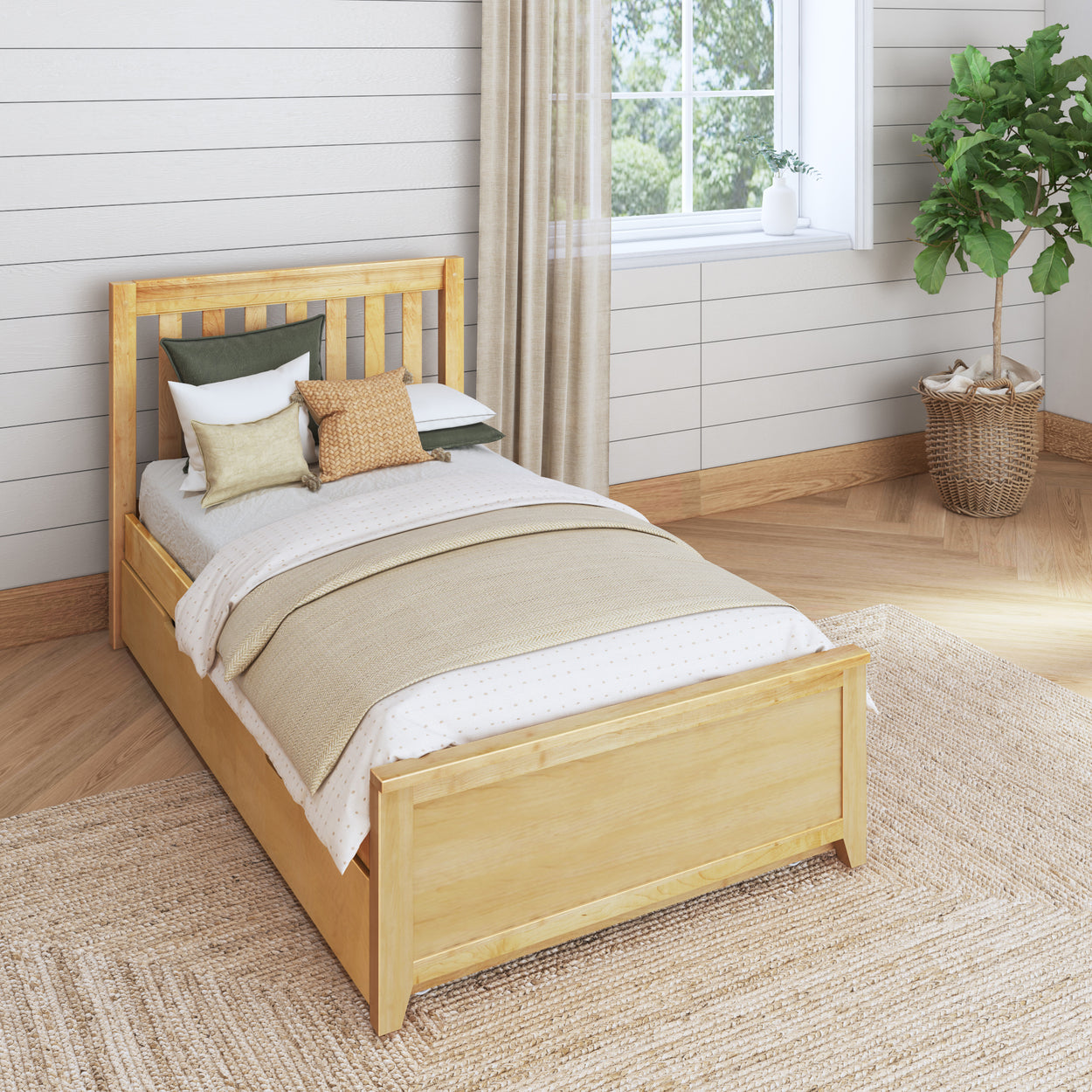 Single wooden bed with beige bedding and decorative pillows in a cozy bedroom with a natural woven rug and green plant.