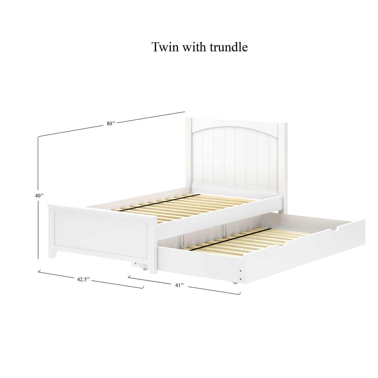 White twin bed with trundle and measurements, perfect for small spaces and guest rooms.