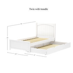 White twin bed with trundle and measurements, perfect for small spaces and guest rooms.