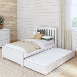 White wooden trundle bed with cozy bedding in a modern, minimalist bedroom setting.