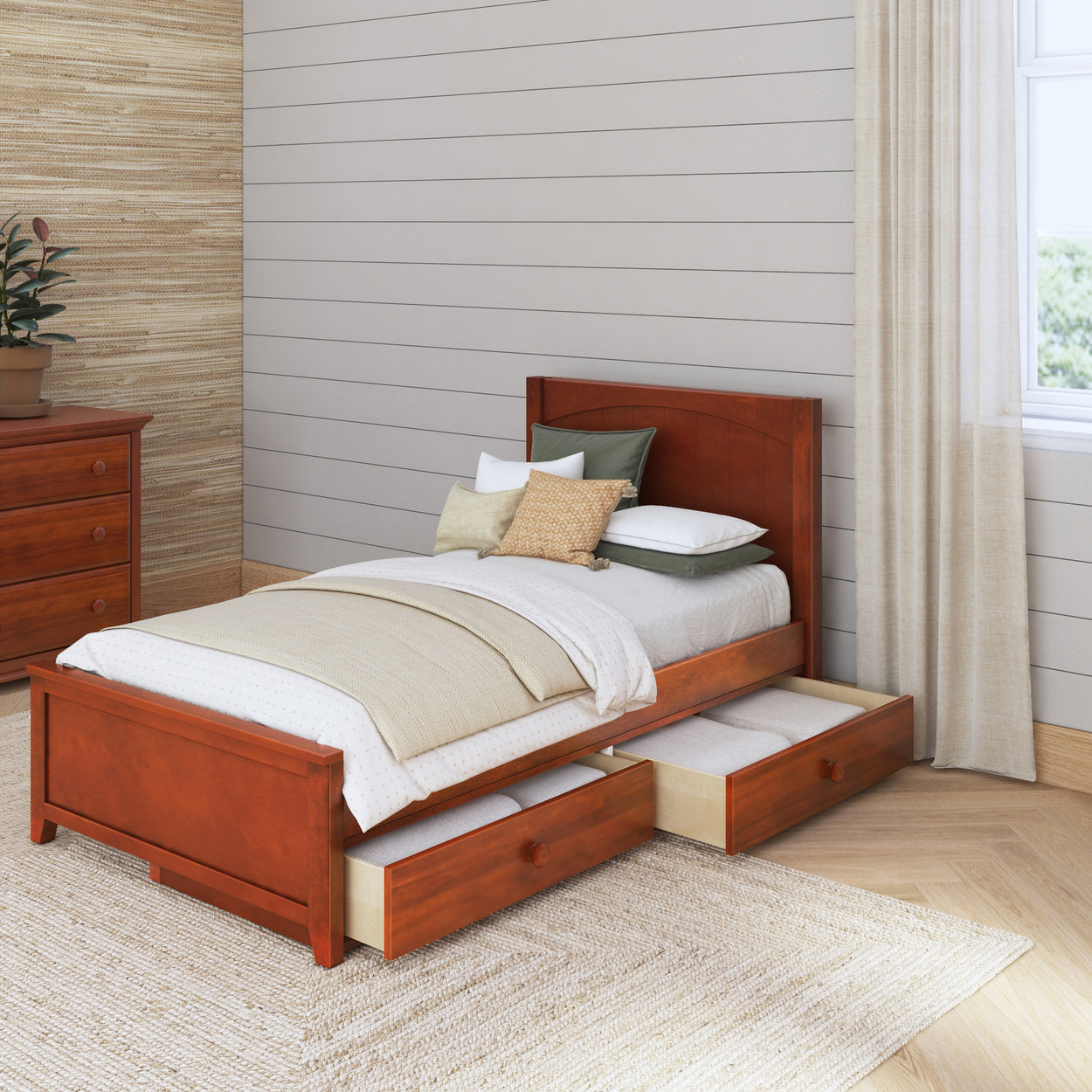 Wooden twin bed with storage drawers in a cozy bedroom featuring beige and neutral decor, promoting functional and stylish bedroom furniture solutions.