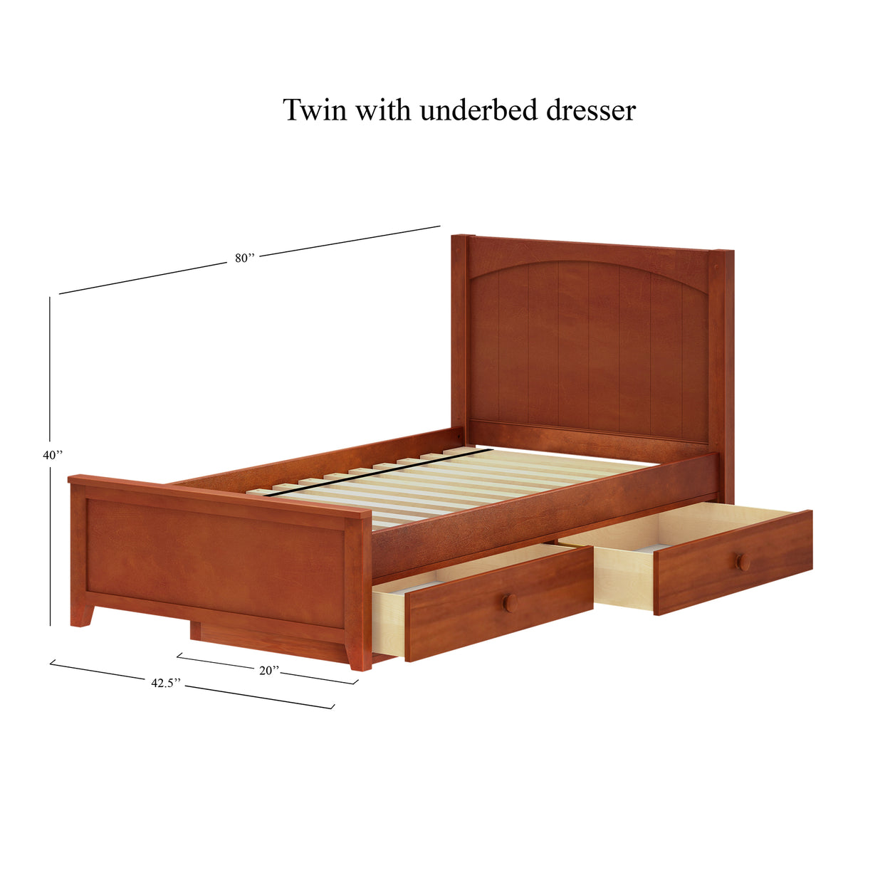 Twin bed with underbed dresser and drawers, dimensions 80"x40"x42.5", ideal for space-saving bedroom furniture.