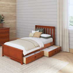 Wooden twin bed with storage drawers in a cozy bedroom setup.