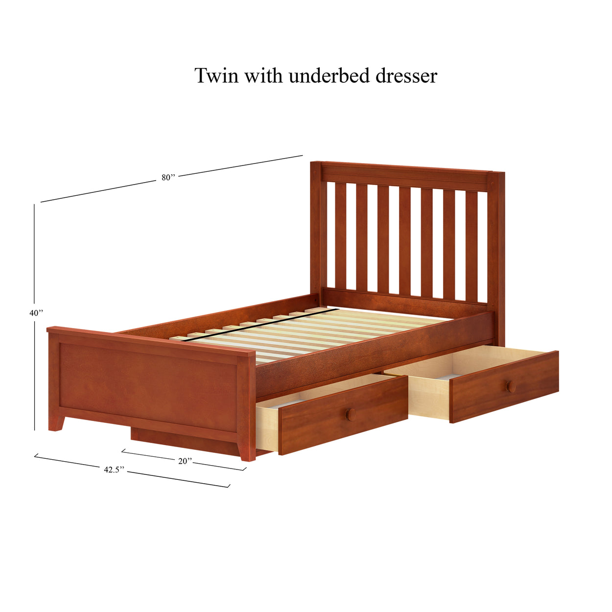 Twin bed with underbed dresser and dimensions for optimized space-saving storage.