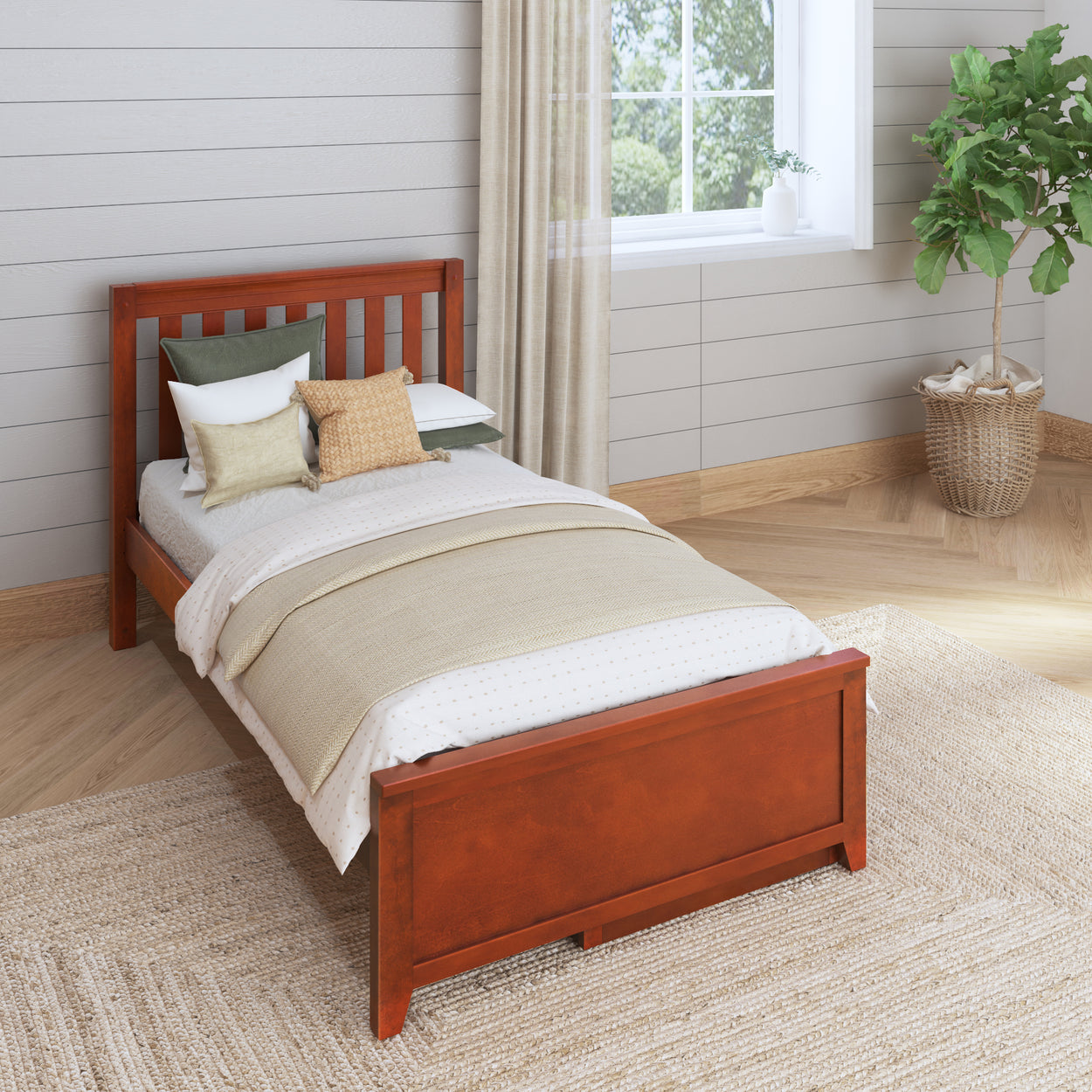 Single wooden bed frame in a bright bedroom with neutral bedding and decorative pillows.
