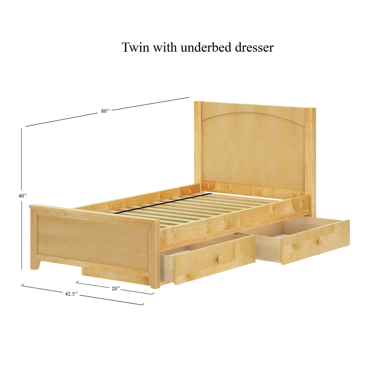 Twin bed with underbed dresser and dimensions for optimized bedroom storage solutions.