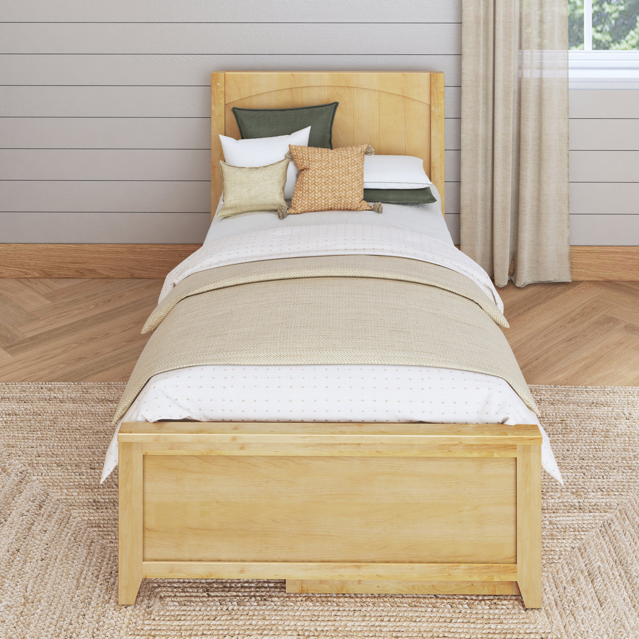 Rustic wooden bed with decorative pillows and beige bedding in a cozy bedroom.
