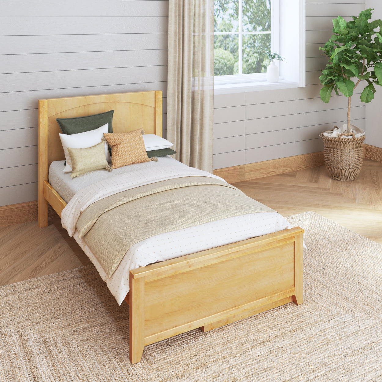Stylish minimalist bedroom with wooden bed frame, neutral bedding, and natural light.