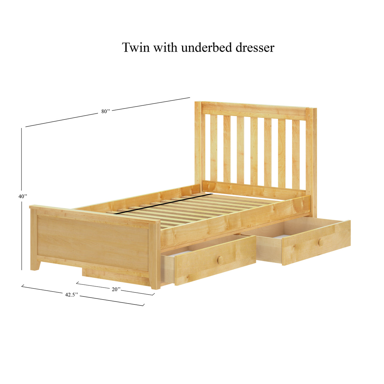 Twin bed with underbed dresser and dimensions.