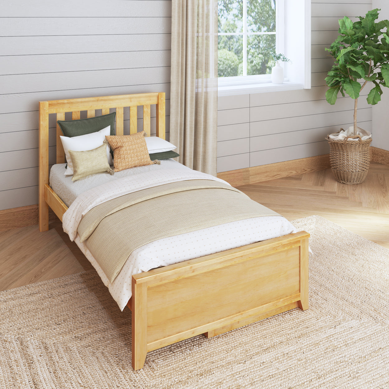 Single wooden bed frame with beige bedding in a cozy bedroom with a woven rug and potted plant.