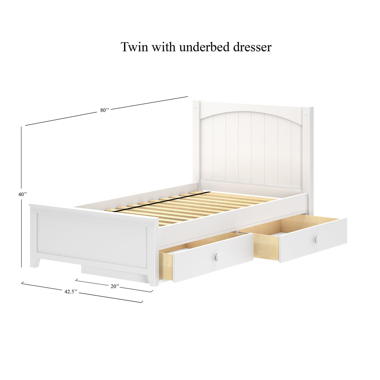 White twin bed with underbed dresser drawers and dimensions labeled.