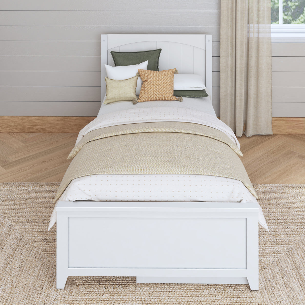 Cozy bedroom featuring a white bed frame with plump pillows and beige bedding, ideal for home decor inspiration.