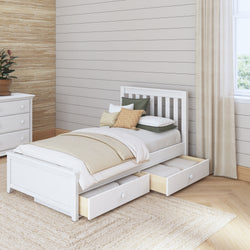 Stylish white wooden bed with storage drawers in modern bedroom featuring neutral decor and natural light.