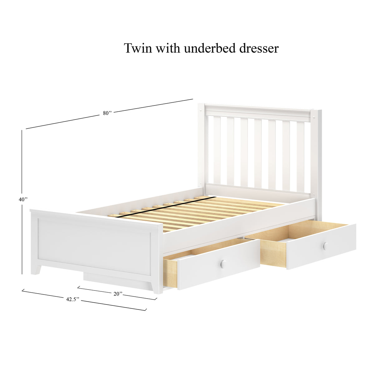 Twin bed with underbed dresser, white frame, dimensions 80x40x42.5 inches, space-saving furniture for small bedrooms.