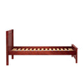 Cherry wood twin platform bed frame with slatted headboard and footboard, visible wooden slats and no mattress