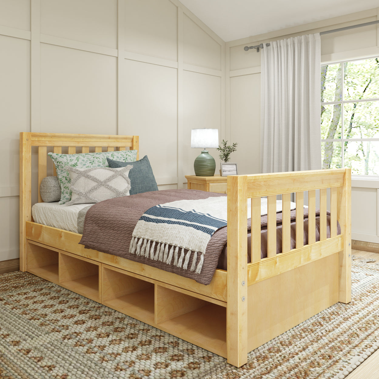 Wooden daybed with storage in cozy bedroom setting with neutral décor and soft lighting.