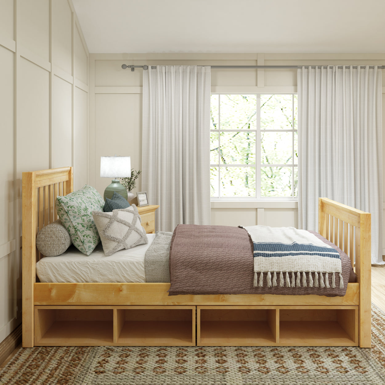 Cozy bedroom with wooden bed frame, decorative pillows, and large window with curtains.
