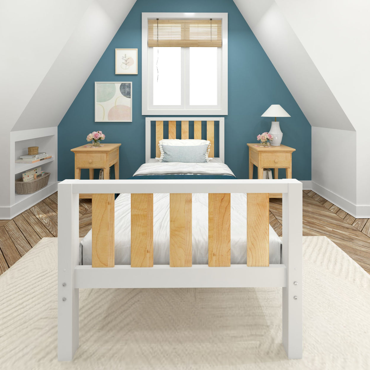 Cozy attic bedroom with a modern design featuring a wooden bed, teal accent wall, and natural decor elements.