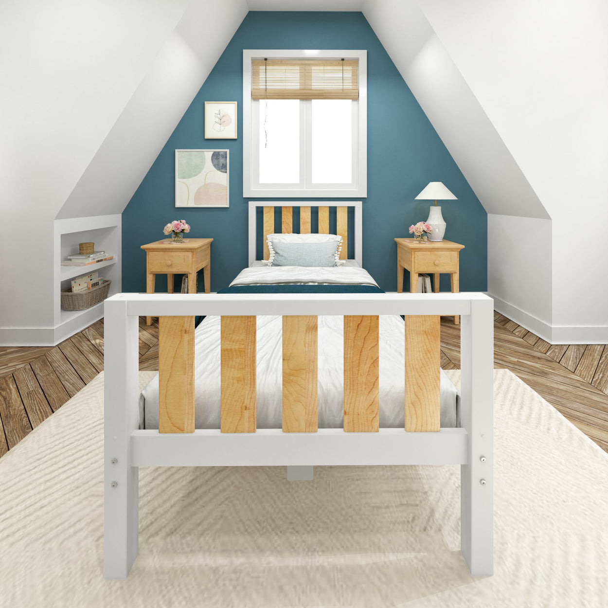 Attic bedroom with wooden bed frame, blue accent wall, and cozy lighting.
