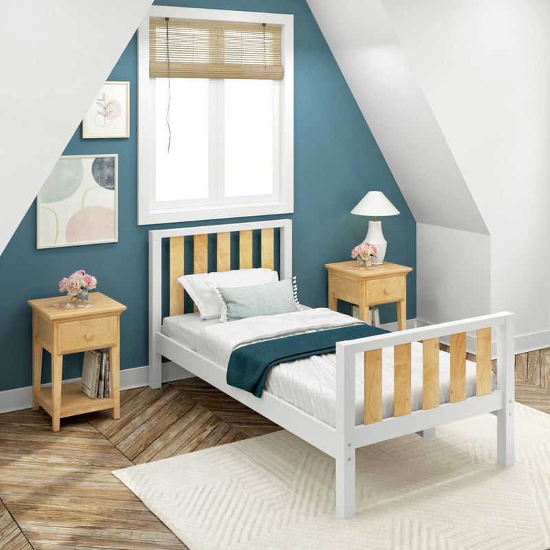 Cozy modern bedroom interior with white wooden single bed and natural wood slats, soft white bedding and teal throw, teal accent wall, wooden nightstands with lamp and floral decor, window blinds, framed art, and herringbone wood flooring