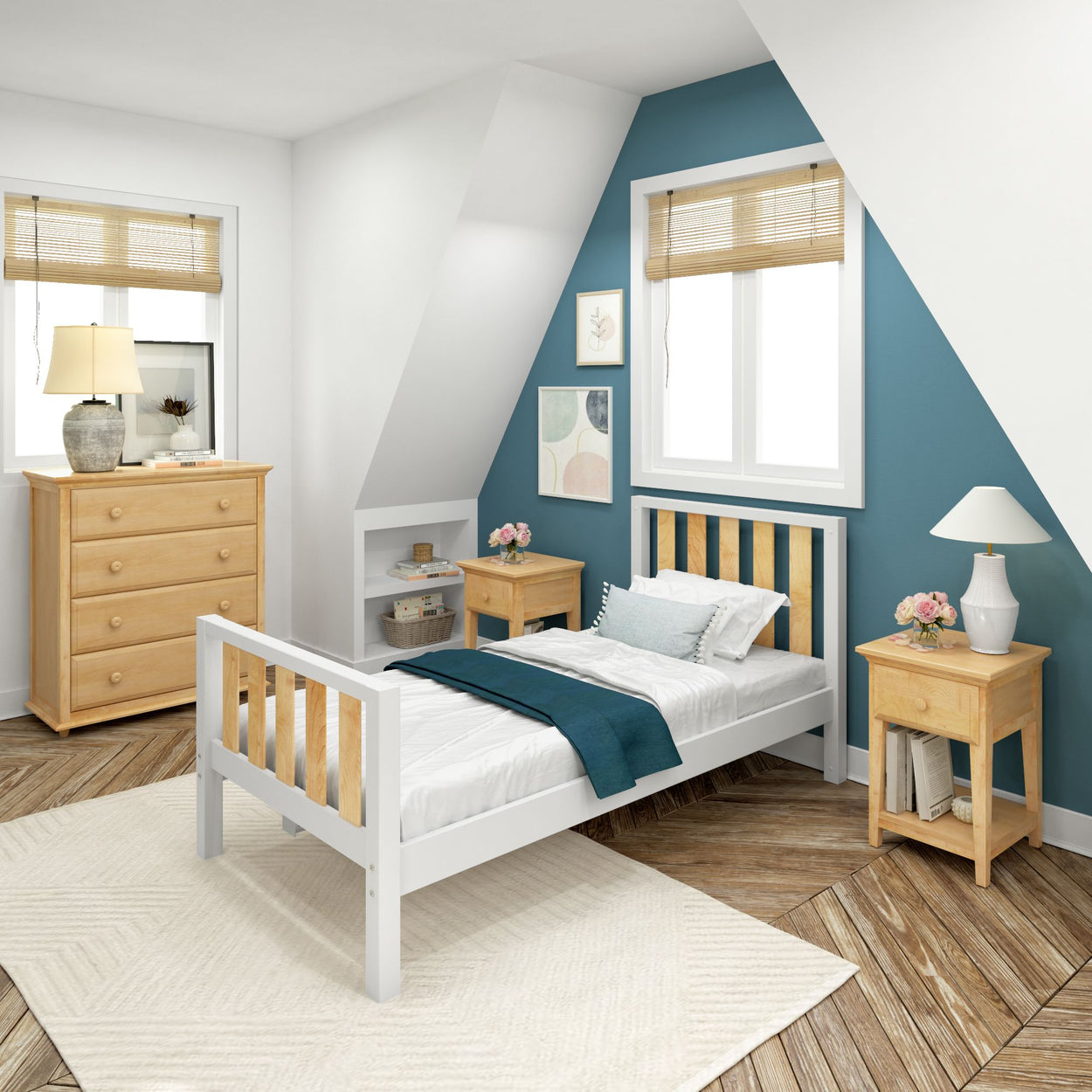 Cozy attic bedroom with wooden furniture, white bedding, and teal accent wall.