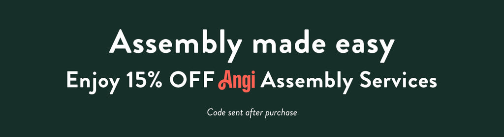 Dark green banner with the text "Angi" in orange and below it "Sit back and relax with 15 percent off Angi Assembly Services". In smaller print on the right, it reads "Code sent after purchase"