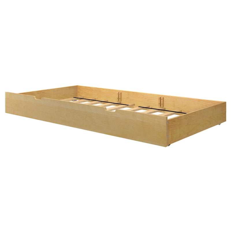 Wooden trundle bed frame with a natural finish for space-saving bedroom solutions.