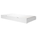 White trundle bed with mattress in modern minimalist design for convenient guest sleeping solutions.