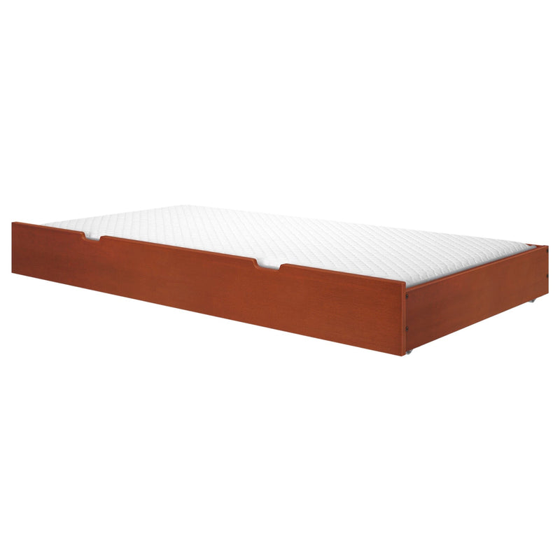 Wooden trundle bed with white mattress, perfect for space-saving bedroom solutions.