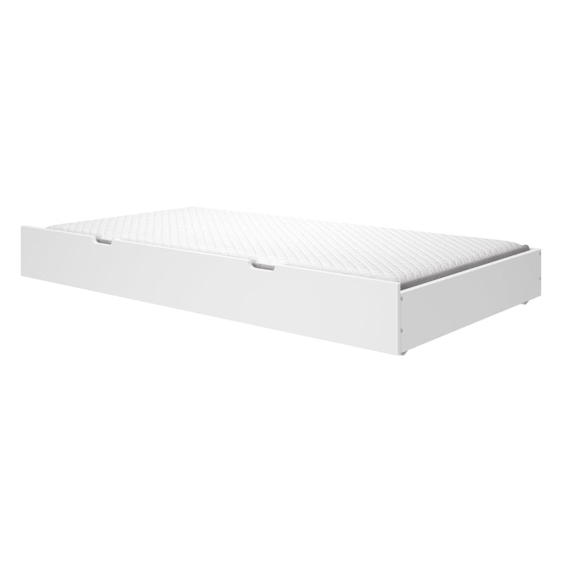 White trundle bed frame with mattress, ideal for space-saving in children's rooms and guest areas.
