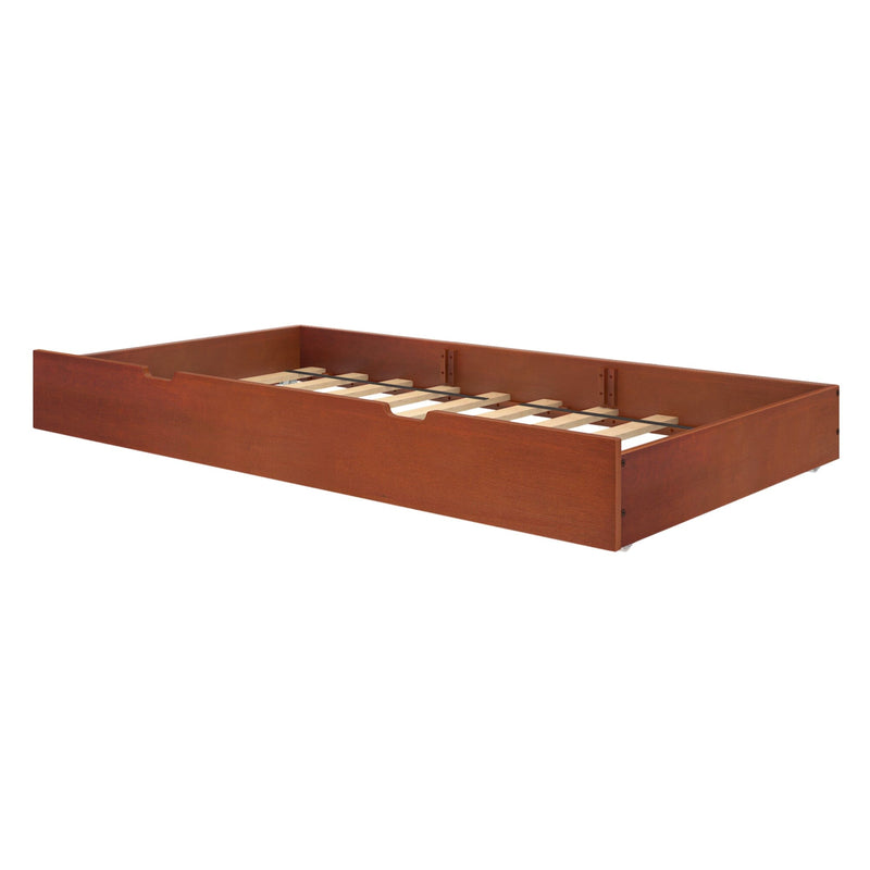 Wooden trundle bed frame with slatted base in a warm brown finish, ideal for space-saving bedroom solutions.