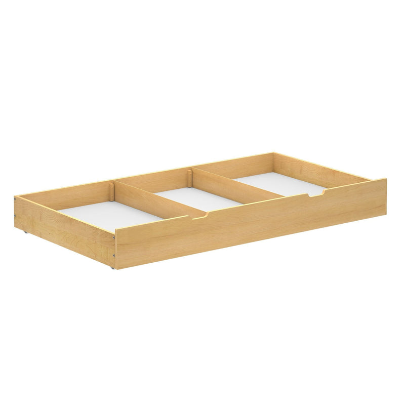 Wooden underbed storage drawer with compartments for organizing items in a modern bedroom.