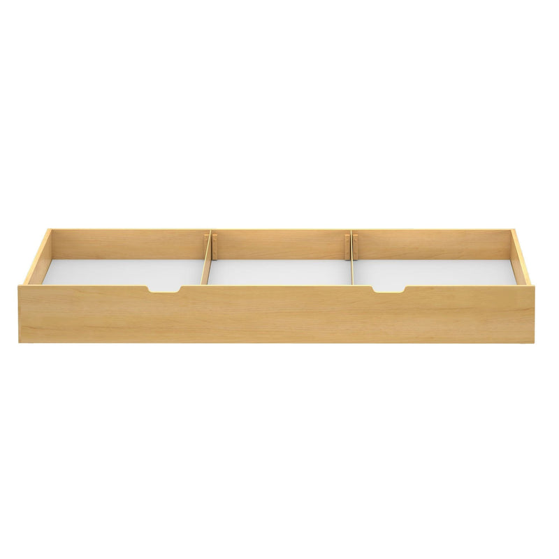 Wooden underbed storage drawer with compartments for maximizing bedroom organization.
