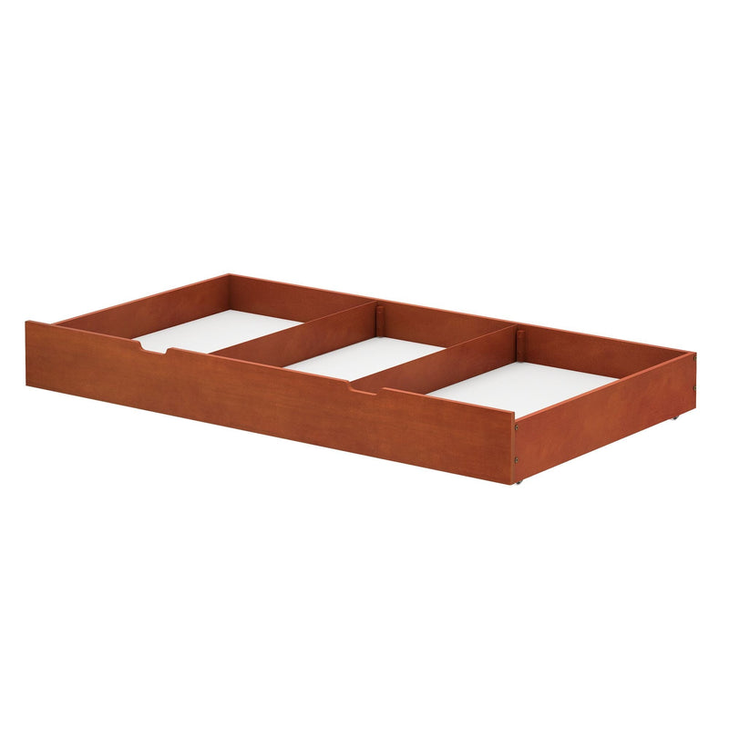 Underbed storage drawer in cherry wood finish with compartments.