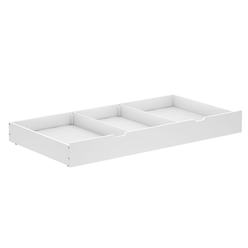 White three-compartment underbed storage drawer for bedroom organization.