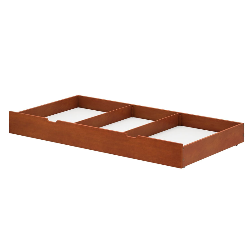 Underbed storage drawer in cherry wood finish with three compartments.