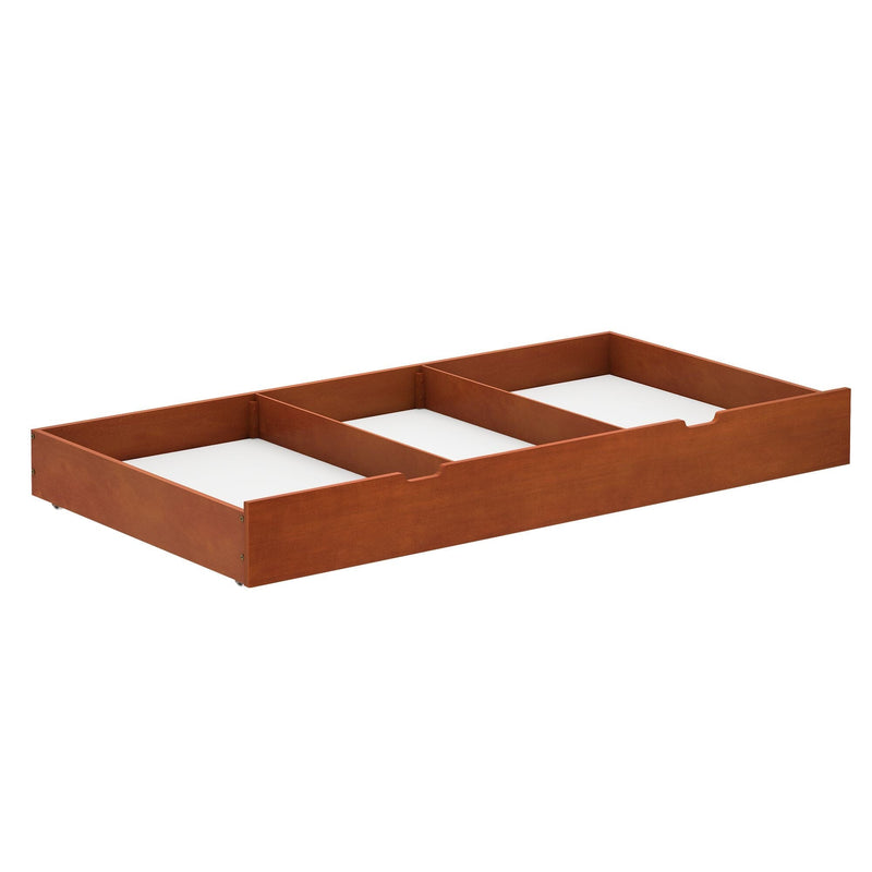 Under bed storage drawer in rich cherry wood finish with three compartments.