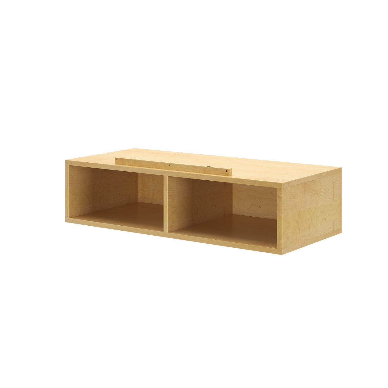 Wooden wall-mounted shelving unit with two compartments for storage.